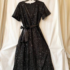 Black Sequined Dress with waist sash- Midi